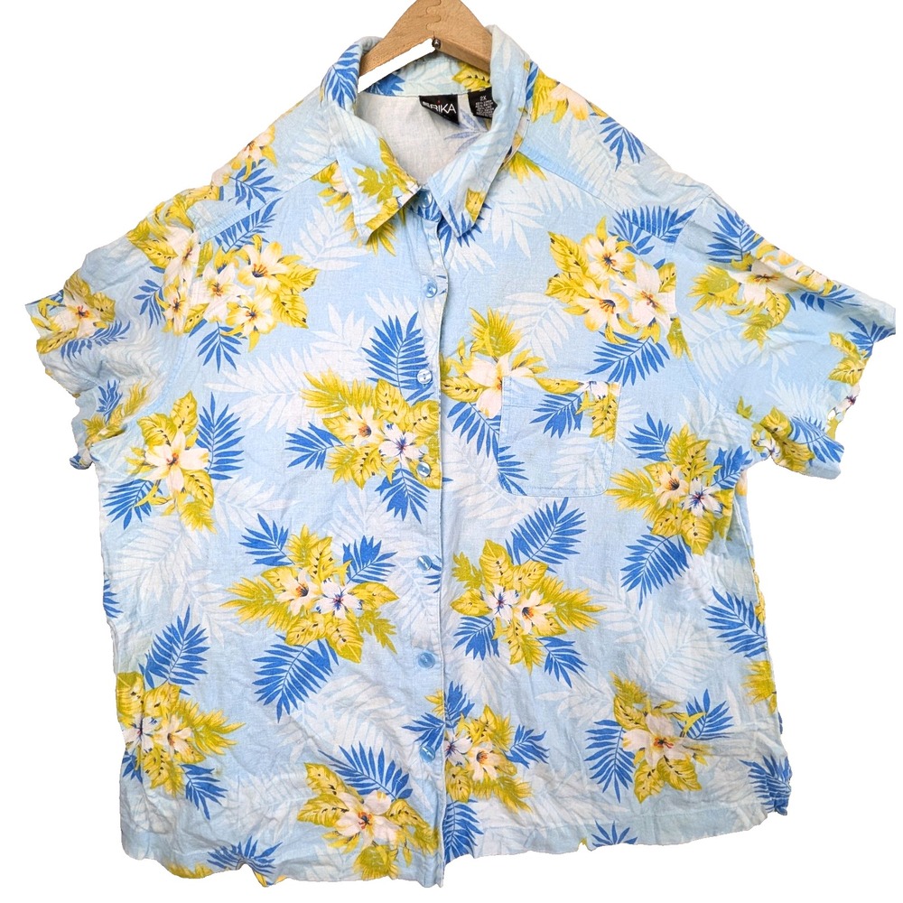 Erika 2X Linen Blue Yellow Floral Hawaiian Button Up Summer Retro Beach Vintage